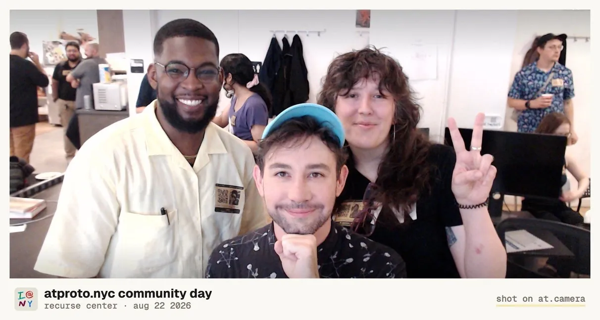 at.camera photo of Keith with two friends at atproto.nyc community day, Recurse Center, August 22, 2026