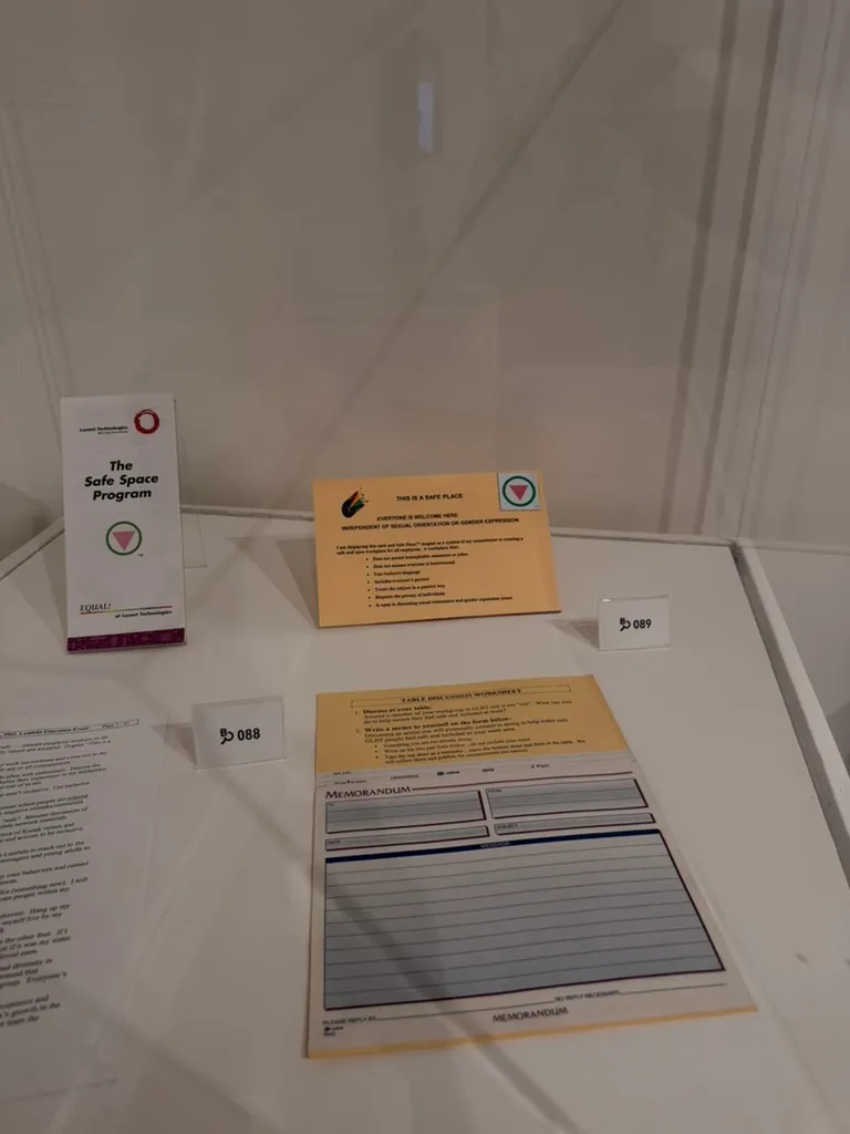 A display case with a "Safe Space Program" pamphlet, a "This is a safe place" desk card with a pink triangle, and a table discussion worksheet