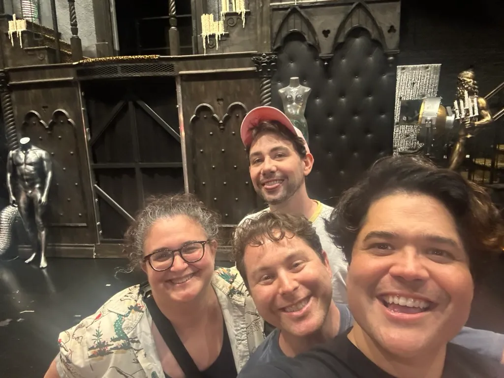 Keith and friends taking a selfie on the Rocky Horror set after the show with Harvey Guillén