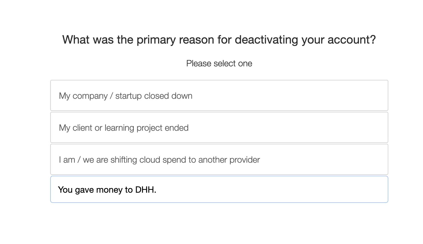The survey question "What was the primary reason for deactivating your account?" with my answer typed in: "You gave money to DHH."