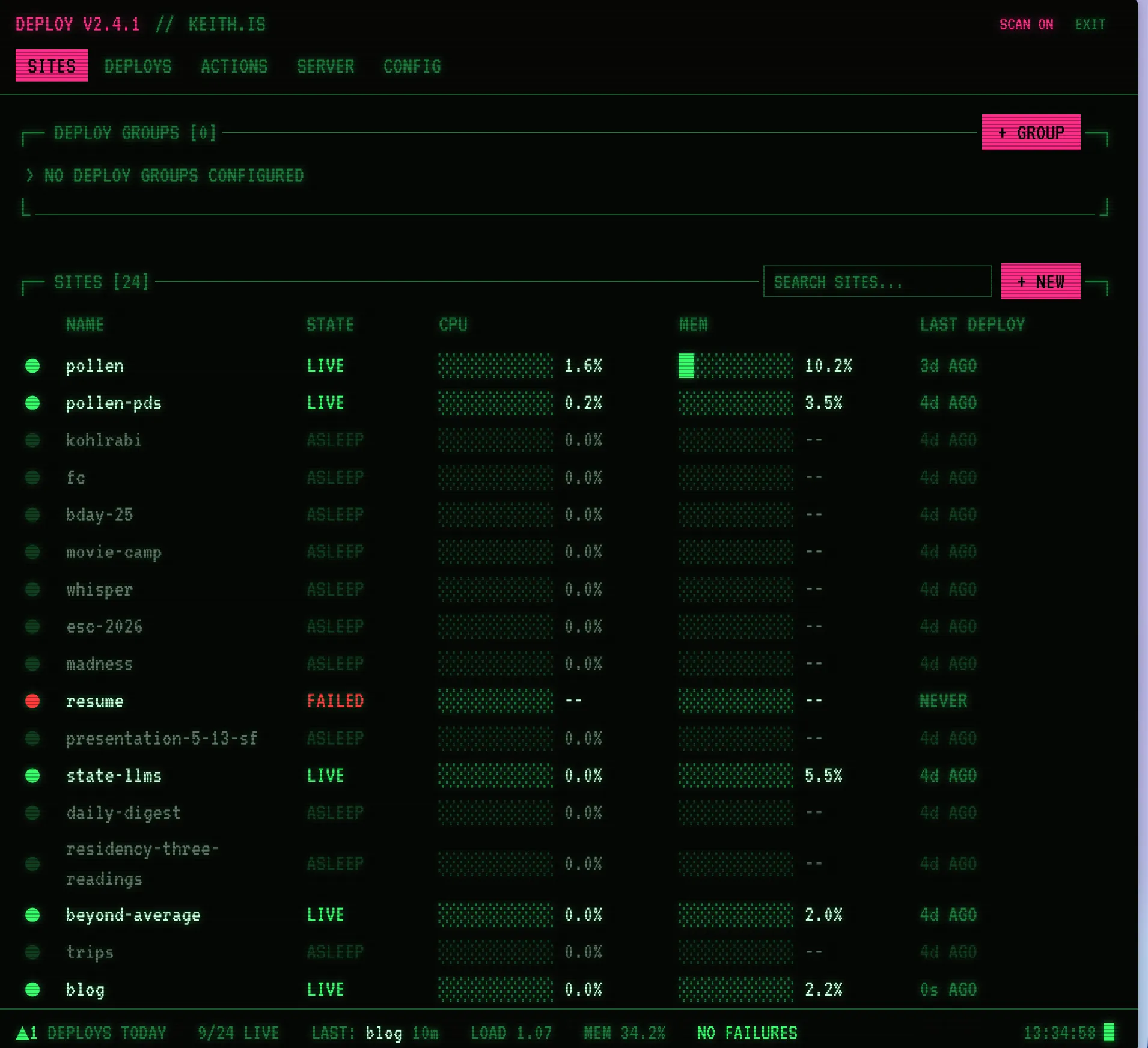The Deploy dashboard listing my running apps