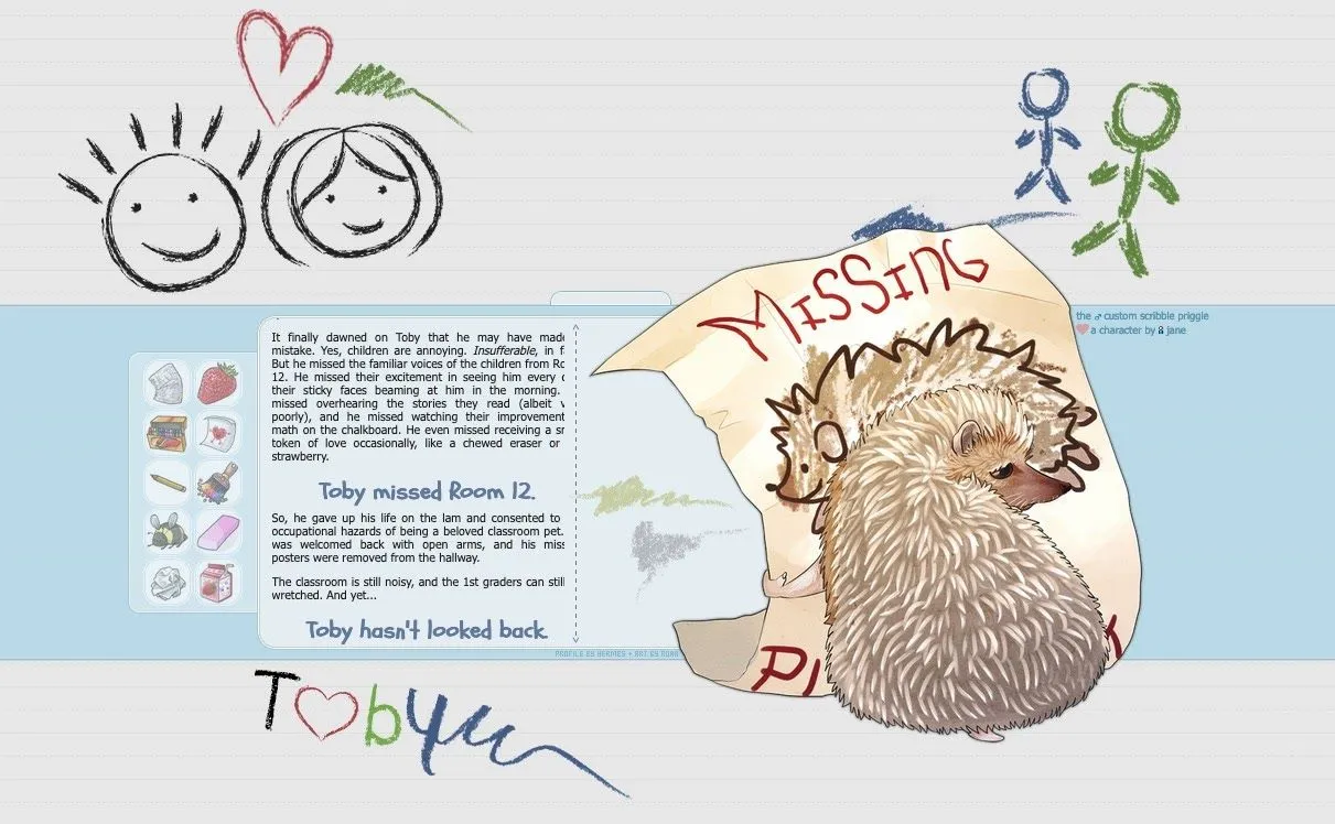 Subeta pet Toby with treasure items like the Torn Out Doodle Page & Box of Crayons