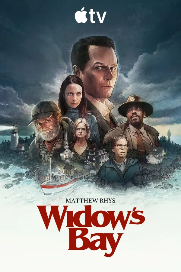 Widow's Bay poster: Matthew Rhys and the cast painted above a stormy island town with a lighthouse