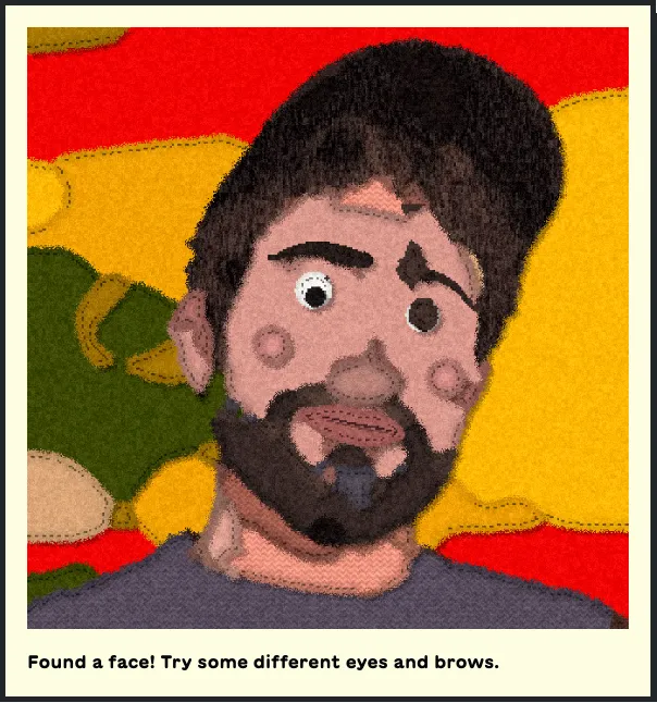 Keith's felt avatar with oversized white googly eyes and black pupils, against a red, yellow, and green felt background.