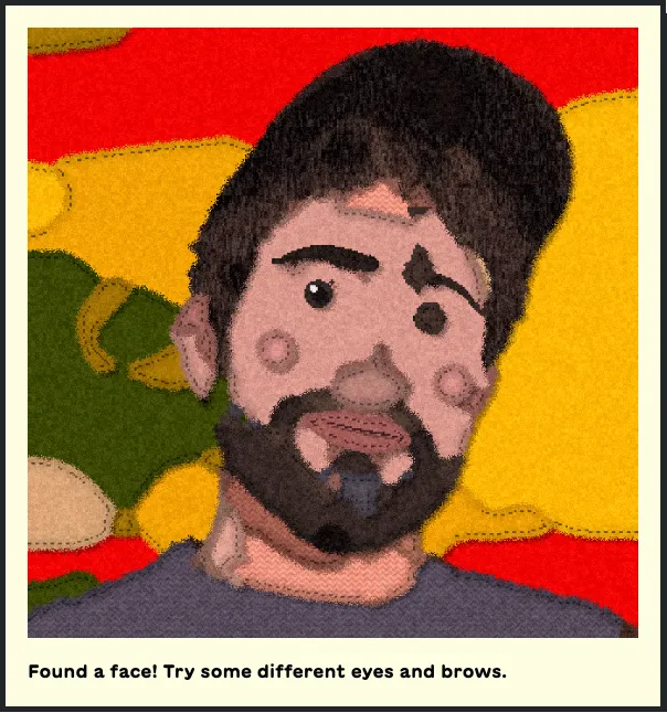 Keith's avatar rendered as layered felt, with one button eye, one closed winking eye, rosy cheeks, and a little felt nose.