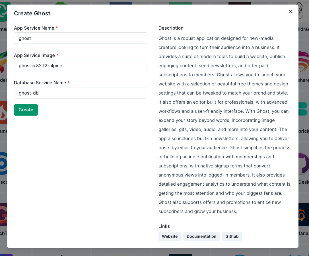 Creating a new Ghost blog in EasyPanel