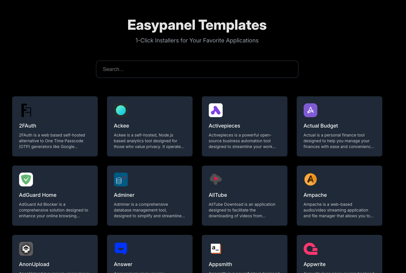 List of templates available in EasyPanel